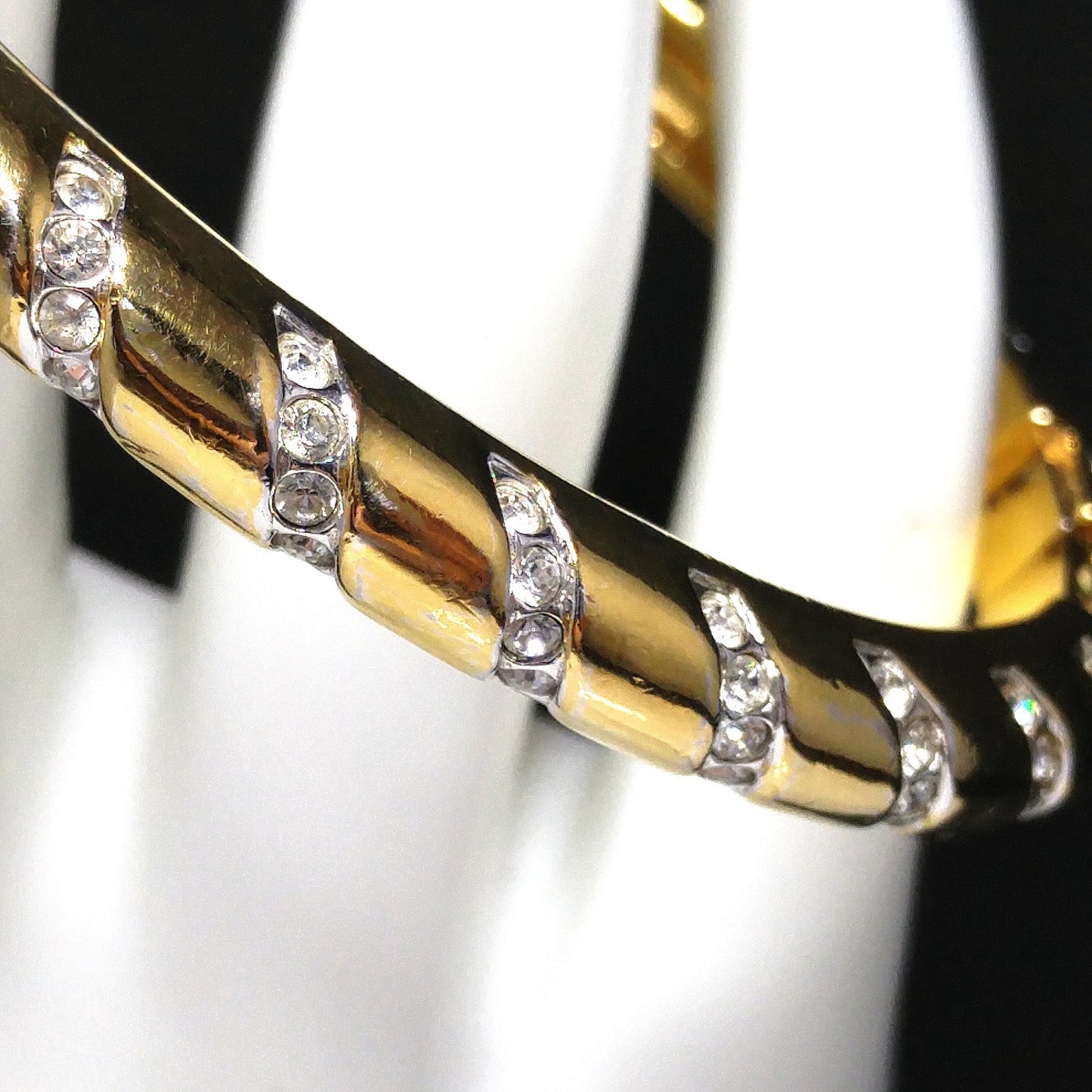 Swarovski Swan Logo Bracelet, Gold Plated Hinged Bangle, Clear Pave Rhinestones, 1980s Vintage Jewelry