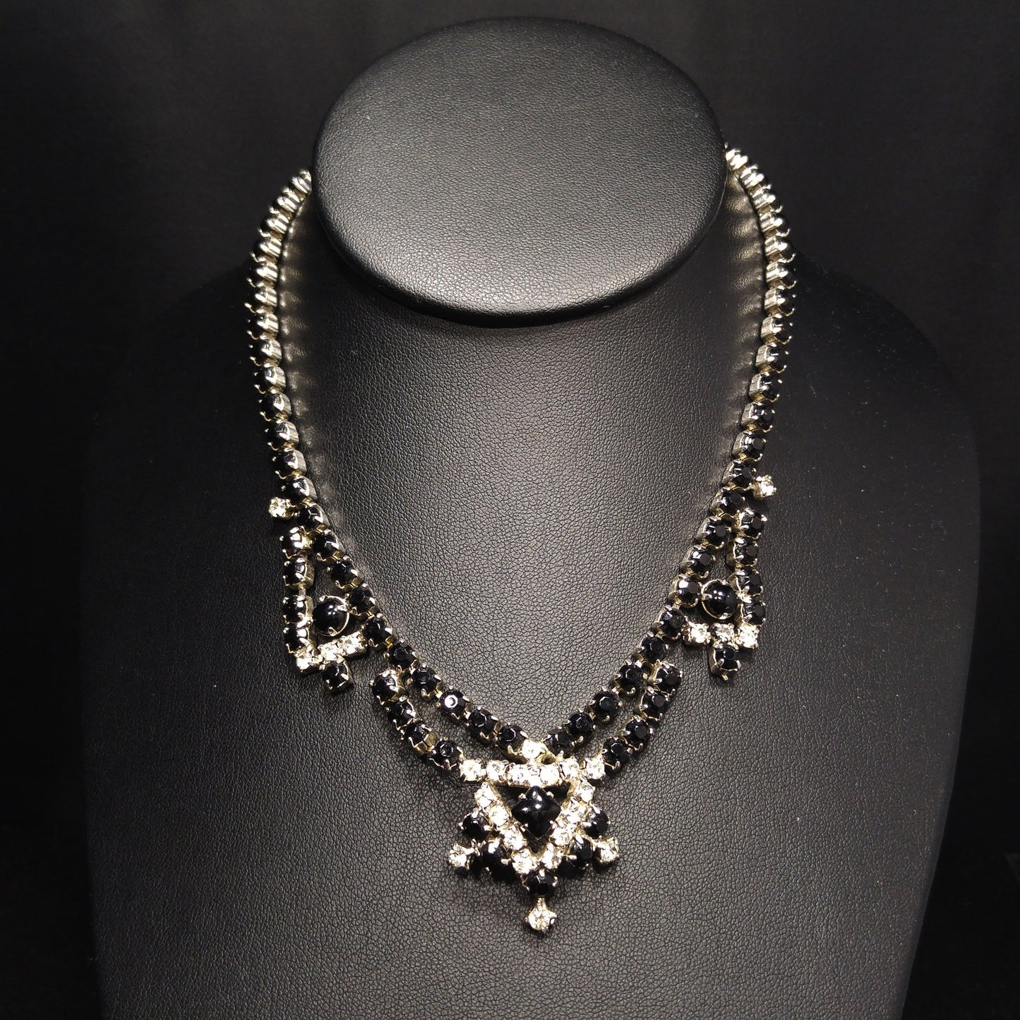 Vintage Black & Clear Rhinestone Festoon Necklace, Rhodium Plating, 1950s