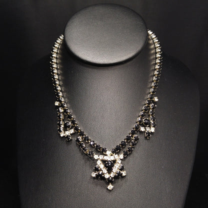 Vintage Black & Clear Rhinestone Festoon Necklace, Rhodium Plating, 1950s