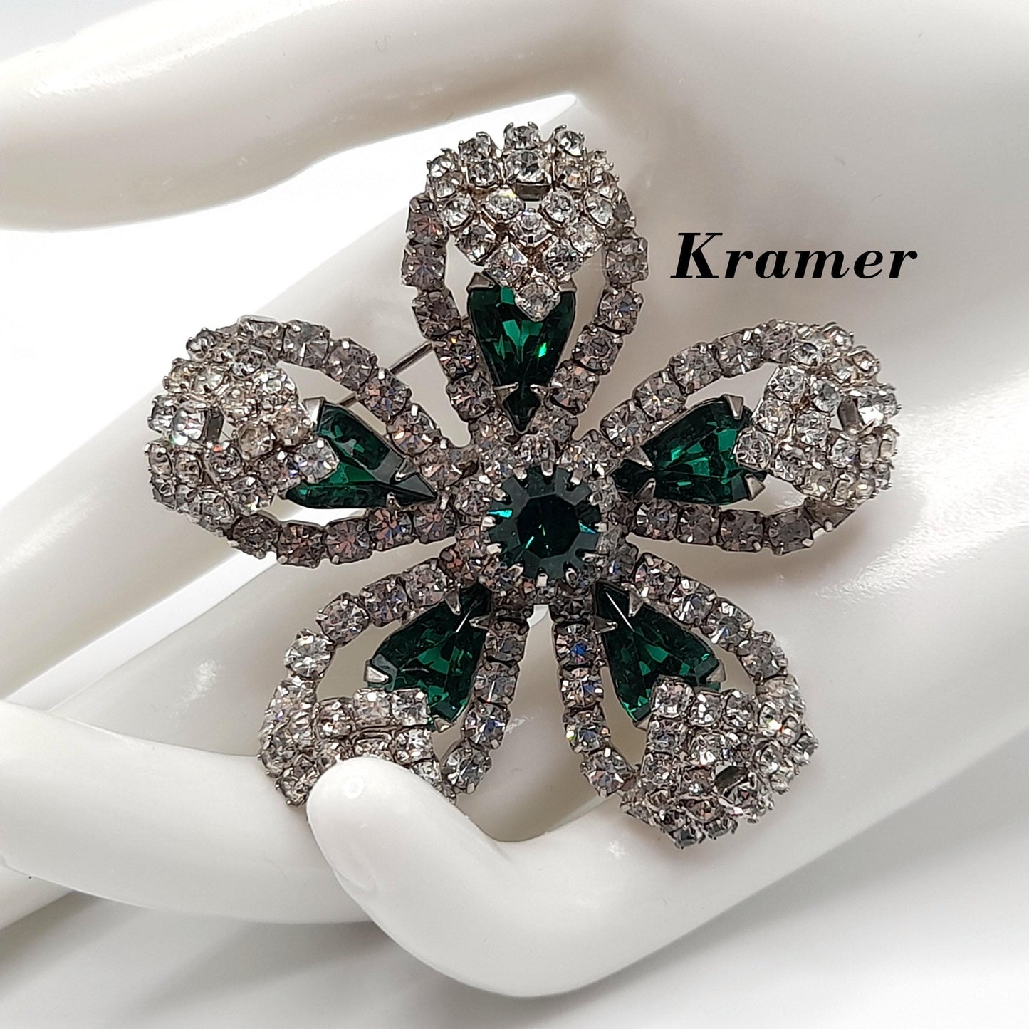Kramer Floral Brooch, Emerald Green Rhinestones, Rhodium Plated 1960s Vintage Jewelry