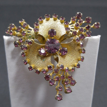 Purple Rhinestone Flower Brooch, Gold Plated, 1950s Vintage Jewelry