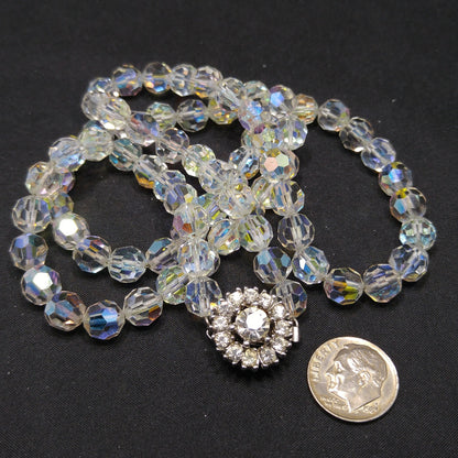 Bergere Aurora Borealis Crystal Long Necklace, Thread on Chain, Rhinestone Clasp, 1960s Vintage Jewelry