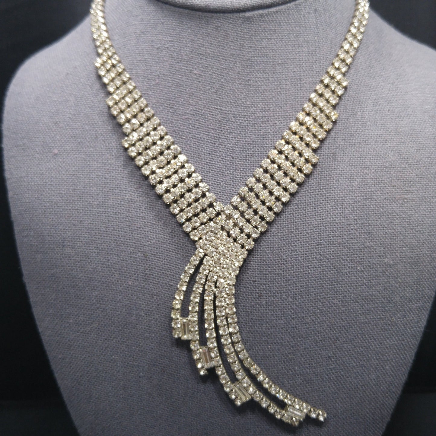 Vintage 1950s Rhinestone Statement Necklace – Five Strand Fringe Drop – Clear Crystal Bridal Jewelry
