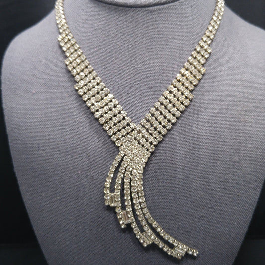 Vintage 1950s Rhinestone Statement Necklace – Five Strand Fringe Drop – Clear Crystal Bridal Jewelry