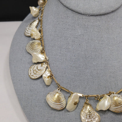 Sea Shell & Faux Pearl Charm Necklace, Gold Tone Chain, 1950s Vintage Jewelry