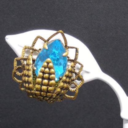 Germany Turquoise Filigree Clip Earrings, Large Rhinestone, 1940s Vintage Jewelry