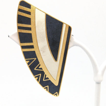 Laurel Burch Geometric Large Clip Earrings, Black White Enamel, Gold Plated, 1990s Vintage Jewelry