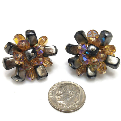 Vendome Beaded Clip Earrings, Brown Iridescent AB Topaz Beads, 1960s Vintage Jewelry