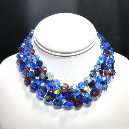 Blue Purple Aurora Borealis Necklace, Hand Knotted Four Strands, 1950s Vintage Jewelry