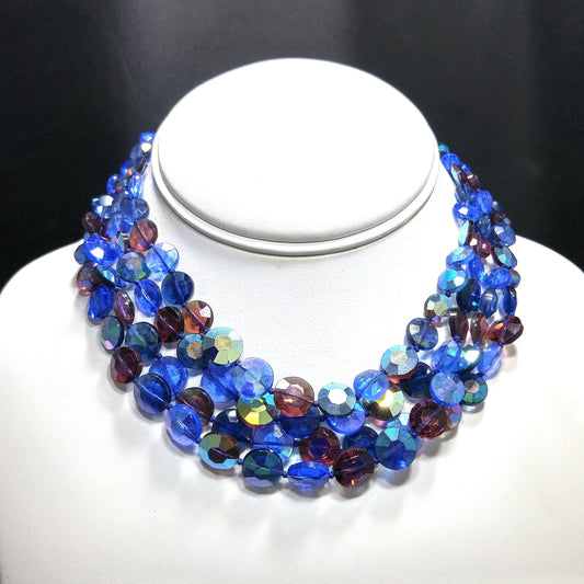 Blue Purple Aurora Borealis Necklace, Hand Knotted Four Strands, 1950s Vintage Jewelry