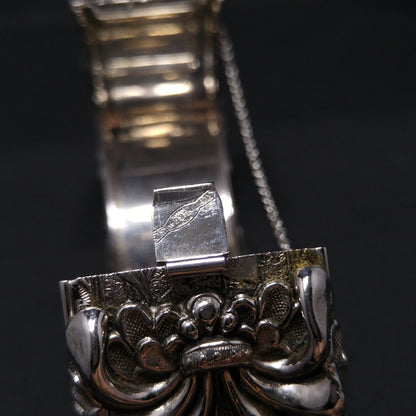Whiting & Davis Antiqued Floral Wide Bracelet, Book Piece, 1970s Vintage Jewelry