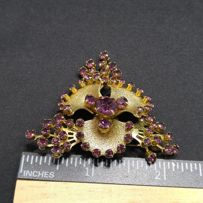Purple Rhinestone Flower Brooch, Gold Plated, 1950s Vintage Jewelry