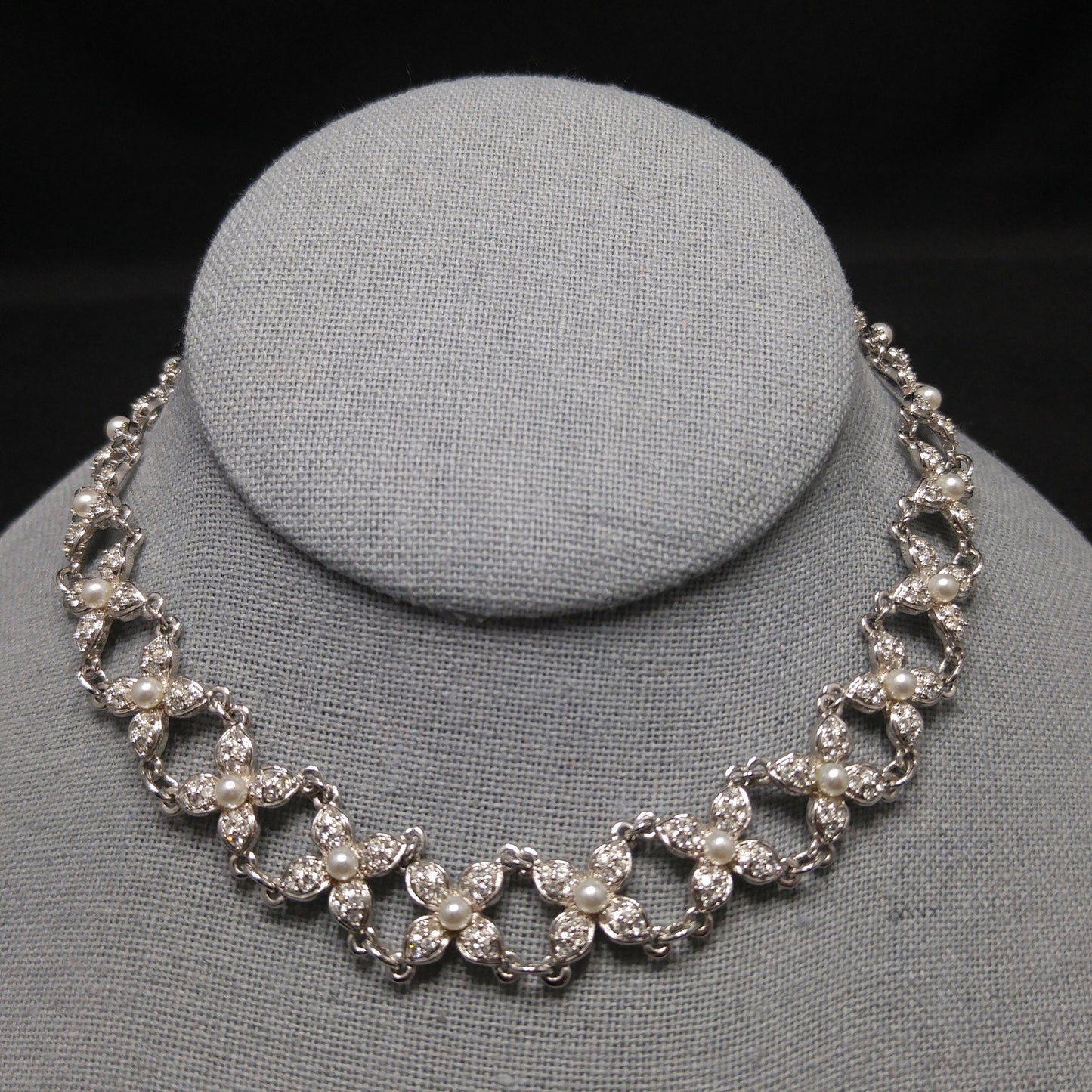 Vintage Swarovski Swan Logo Pearl Rhinestone Floral Choker Necklace 1990s