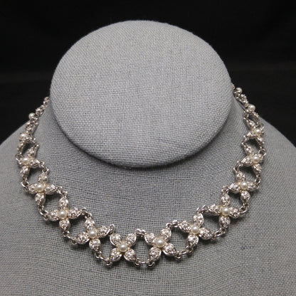 Vintage Swarovski Swan Logo Pearl Rhinestone Floral Choker Necklace 1990s