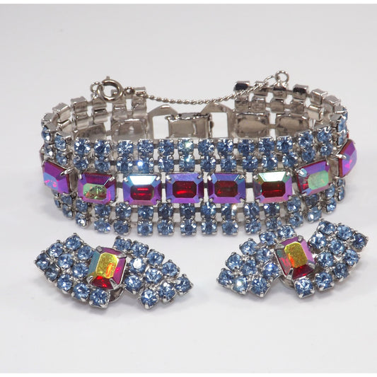 Vintage Rhinestone Bracelet Earring Set, Red Aurora Borealis Emerald Cut