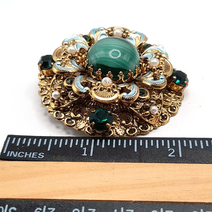 Vintage West Germany 1950s Green Rhinestone Enamel Filigree Faux Pearl Layered Brooch