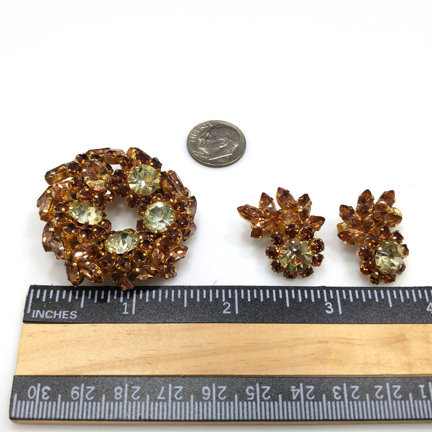 Schoffel Austria Topaz Jonquil Rhinestone Brooch & Earrings, Gold Plated, 1950s Vintage Jewelry