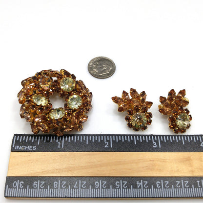 Schoffel Austria Topaz Jonquil Rhinestone Brooch & Earrings, Gold Plated, 1950s Vintage Jewelry
