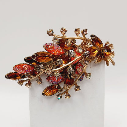 Vintage Amber Orange Rhinestone Leaf Brooch, 3D Layered, 1950s