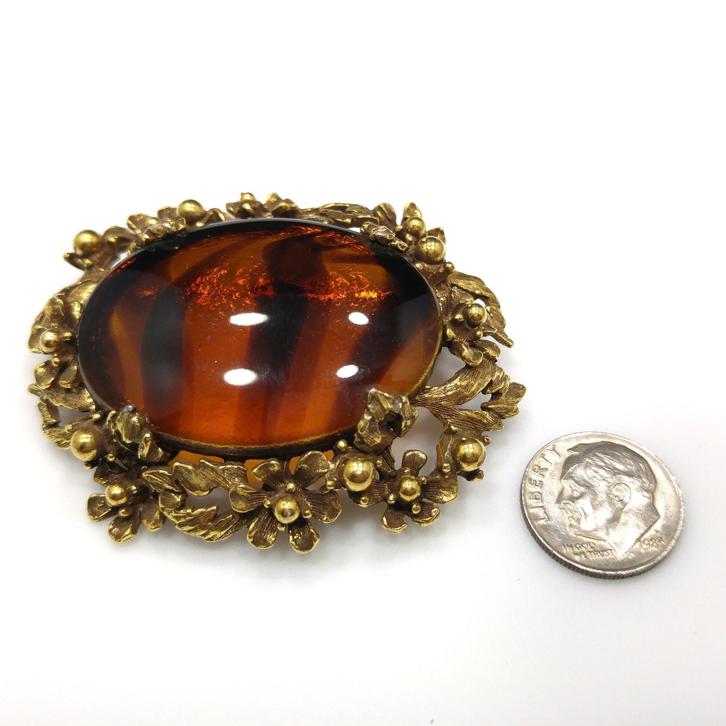 Jeanne Two Toned Glass Brooch, Light Dark Topaz Striped, 1960s Vintage Jewelry