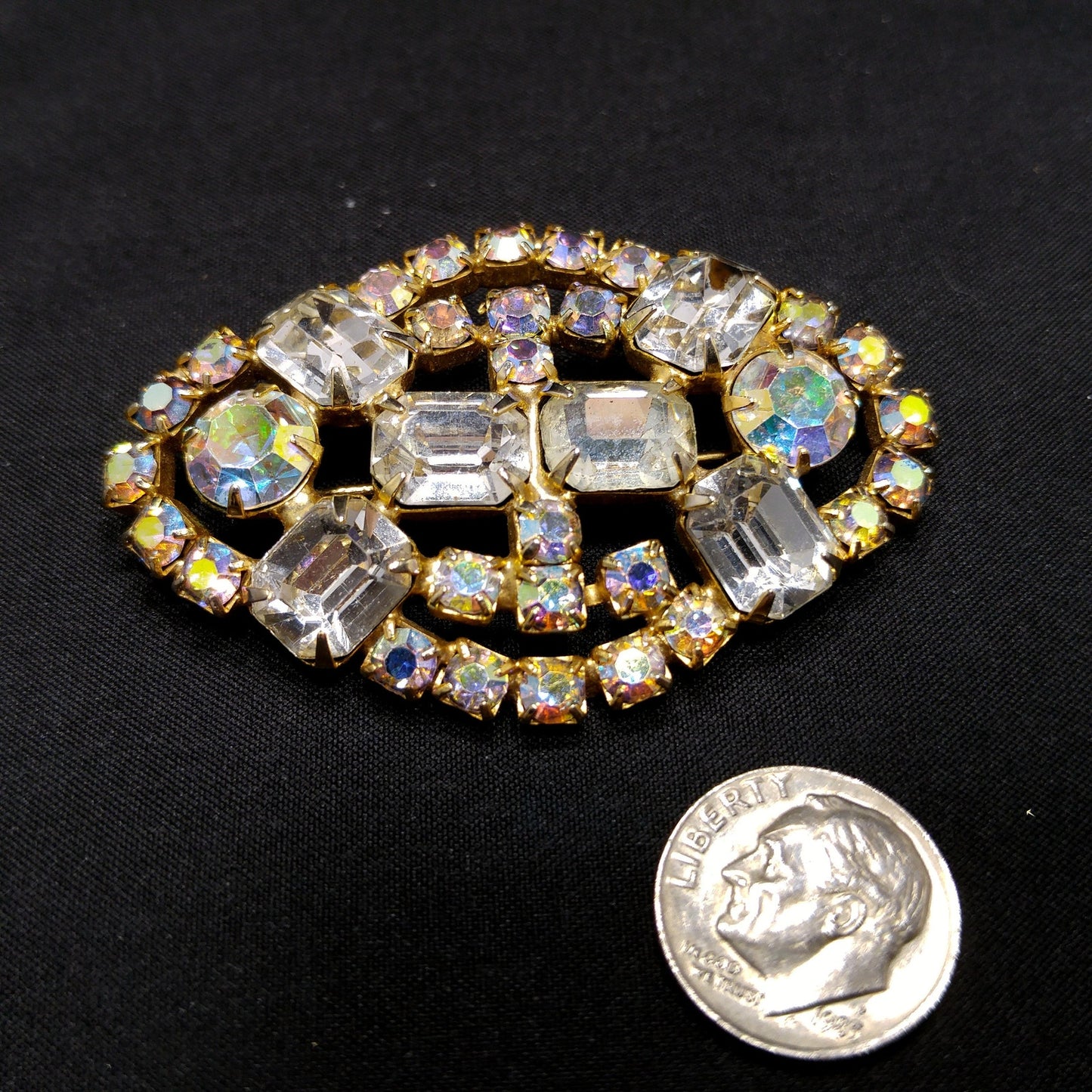 Clear Aurora Borealis Brooch, Gold Plated, 1960s Vintage Jewelry