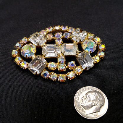 Clear Aurora Borealis Brooch, Gold Plated, 1960s Vintage Jewelry