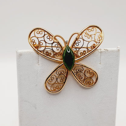 Vintage Gold Filled Butterfly Brooch Green Gemstone Center 1-20 14K GF