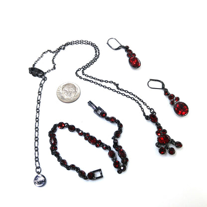 Givenchy Red Rhinestone Jewelry Set, Necklace, Bracelet & Earrings, Vintage