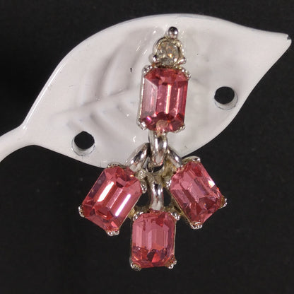 Bogoff Pink Rhinestone Screw Back Earrings, Rhodium Plated, 1950s Vintage Jewelry