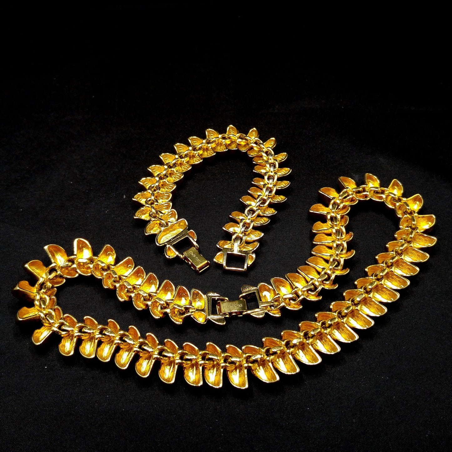 Erwin Pearl Enamel Necklace & Bracelet, Brown Black Enamel, Gold Plate, 1980s Vintage Jewelry
