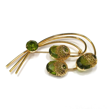 Sarah Coventry Touch of Elegance Green Crystal Brooch Gold Tone 1970s