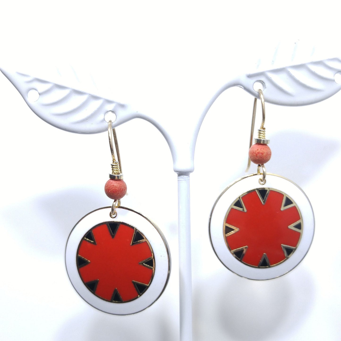 Vintage Laurel Burch "Myth" Earrings, Gold Plated Cloisonne, Red White Black
