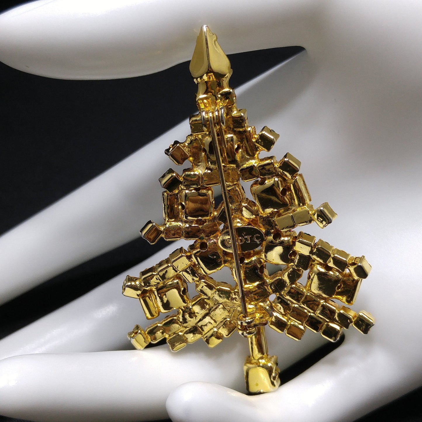 OTC Rhinestone Christmas Tree Brooch, Gold Plated, 1960s Vintage Holiday Jewelry