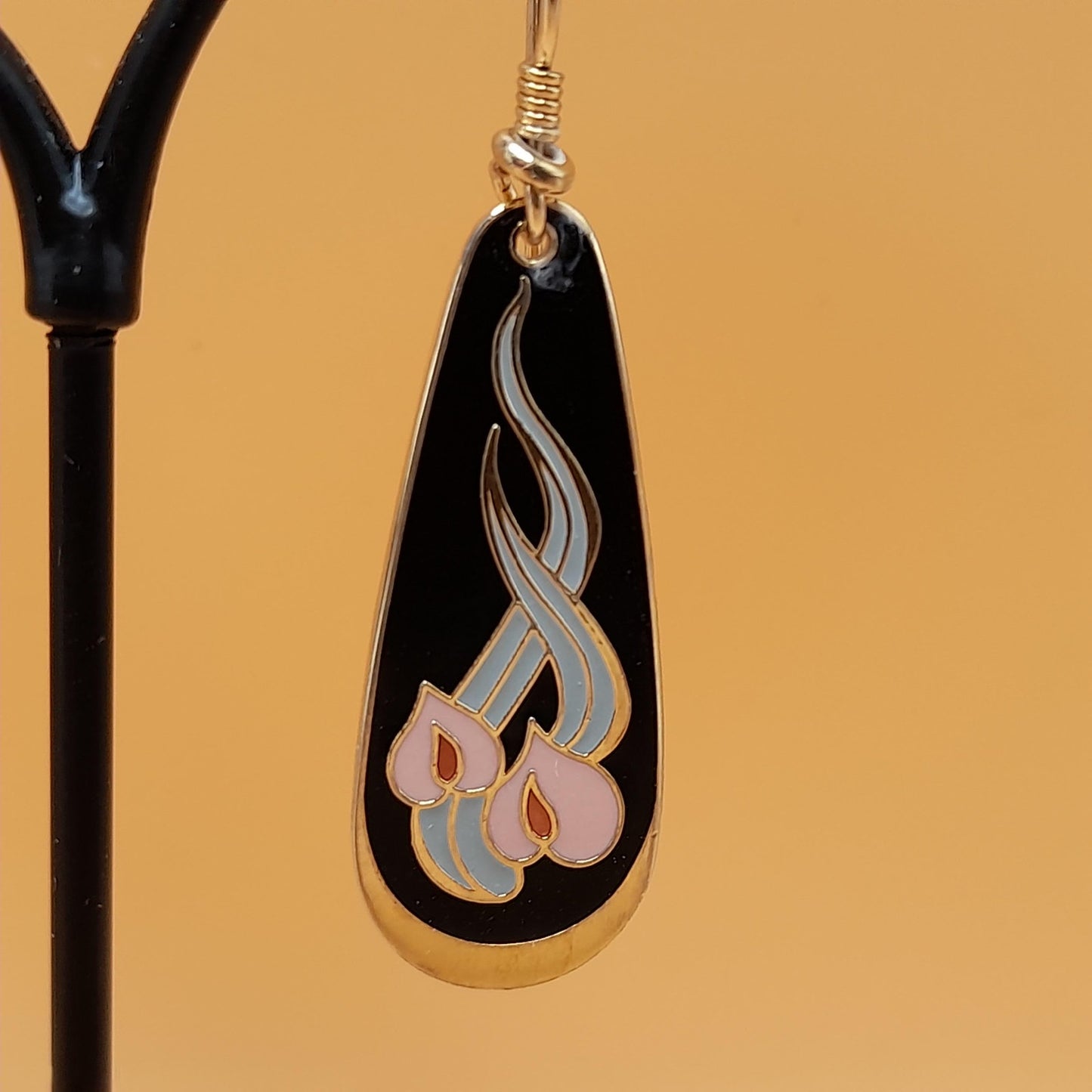 Vintage Laurel Burch "Wild Anthurium" Floral Earrings, Gold Plated, Cloisonné Enamel, 1980s Vintage Jewelry