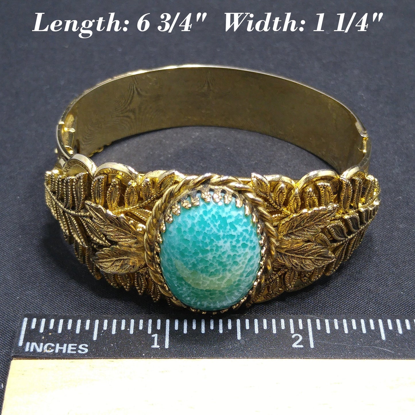 Whiting & Davis Gold Tone Cuff Bracelet Peking Glass Cabochon Leaves Vintage