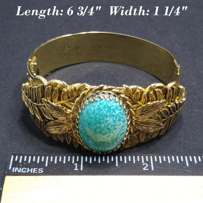 Whiting & Davis Gold Tone Cuff Bracelet Peking Glass Cabochon Leaves Vintage