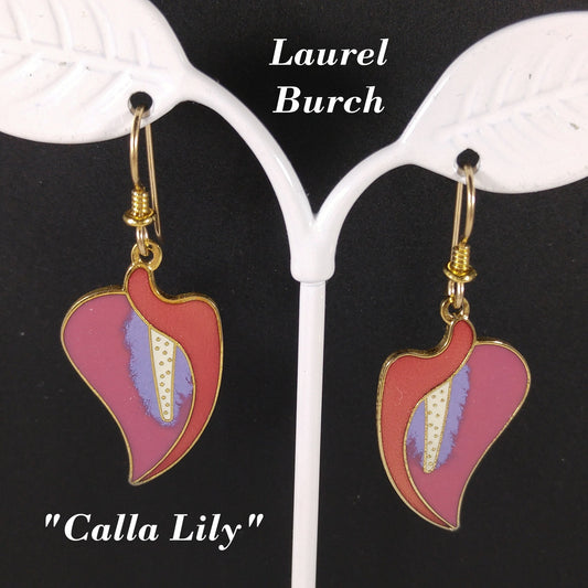 Vintage Laurel Burch "Calla Lily" Floral Drop Earrings, Gold Plated