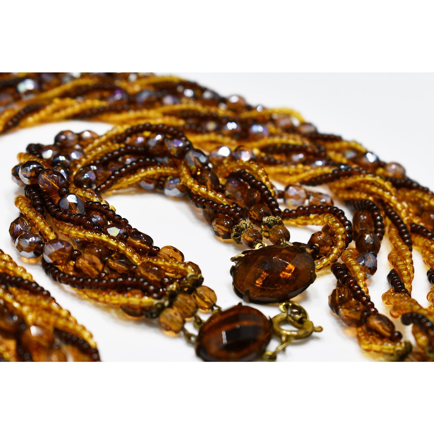 Vintage Czech Beaded Necklace & Bracelet Set, Topaz Fire Polished Beads, 1950s
