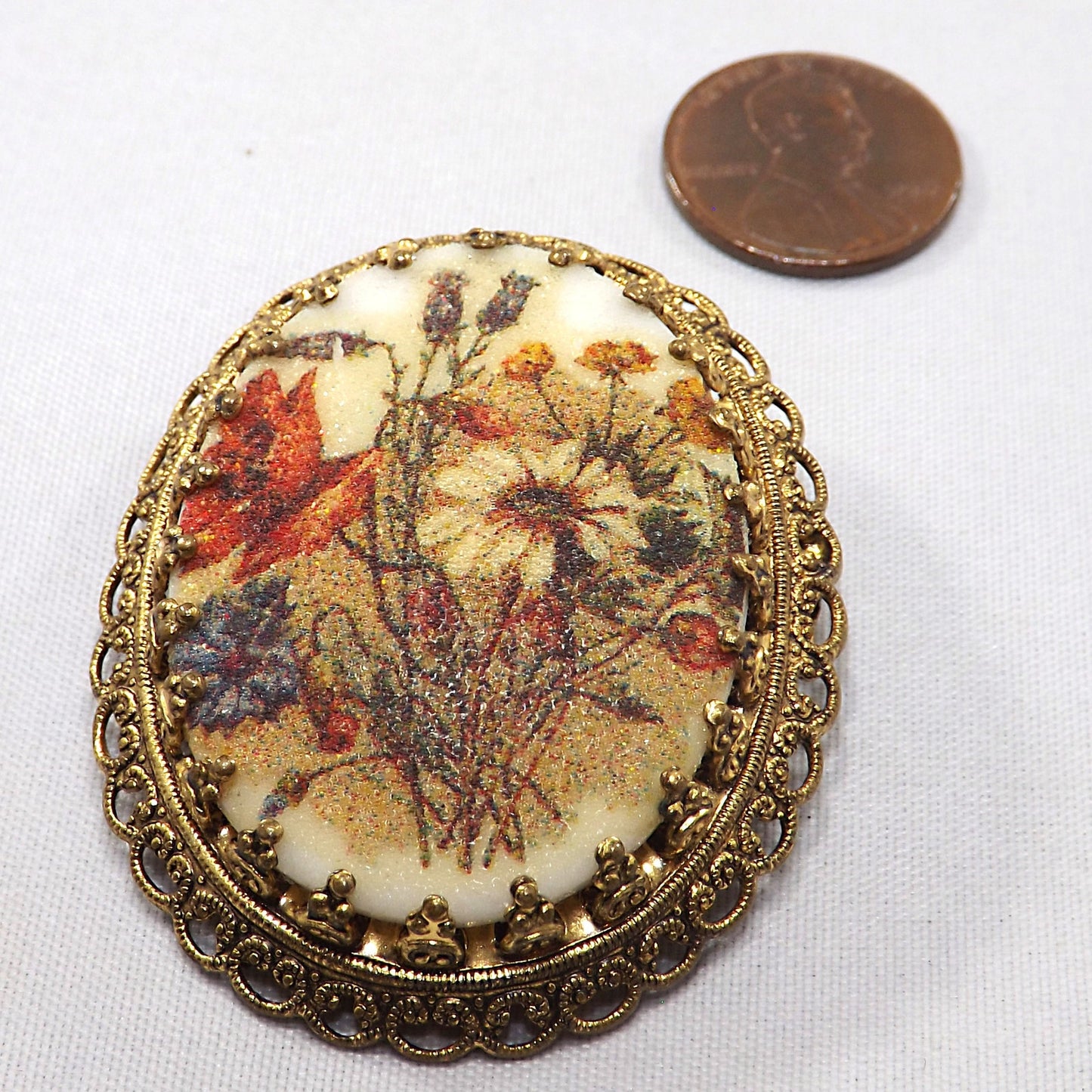 West Germany Sugar Glass Floral Brooch, Filigree Back, 1960s Vintage Jewelry