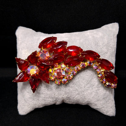 Red Rhinestone Floral Brooch, Juliana Style, 1960s Vintage Jewelry