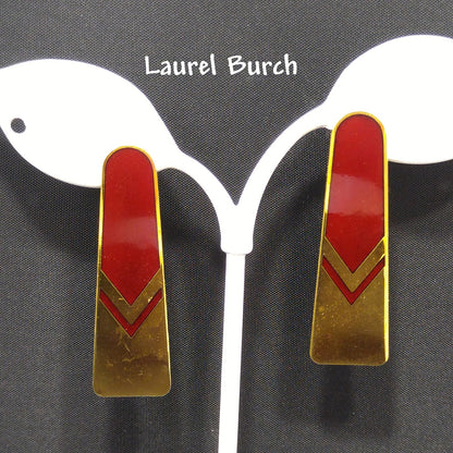 Vintage Laurel Burch Gold Red Chevron Post Earrings, 1980s, Gold Plated