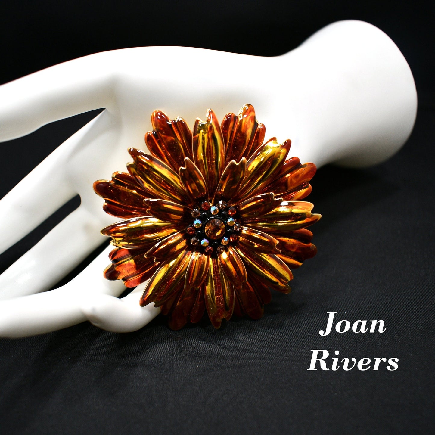 Joan Rivers Orange Gold Plated Floral Brooch, Rhinestone Center, 1990s