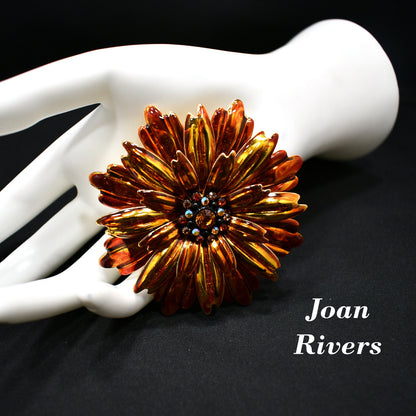 Joan Rivers Orange Gold Plated Floral Brooch, Rhinestone Center, 1990s
