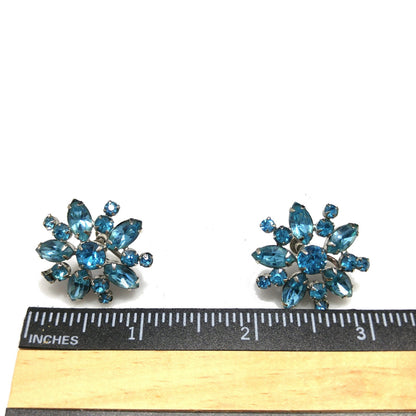 Sherman Turquoise Rhinestone Earrings, Screw-back Rhodium Plated, 1950s Vintage Jewelry