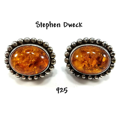 Stephen Dweck Amber Oval Clip Earrings, Sterling Silver, Vintage Jewelry