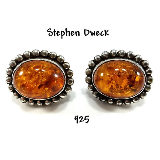 Stephen Dweck Amber Oval Clip Earrings, Sterling Silver, Vintage Jewelry