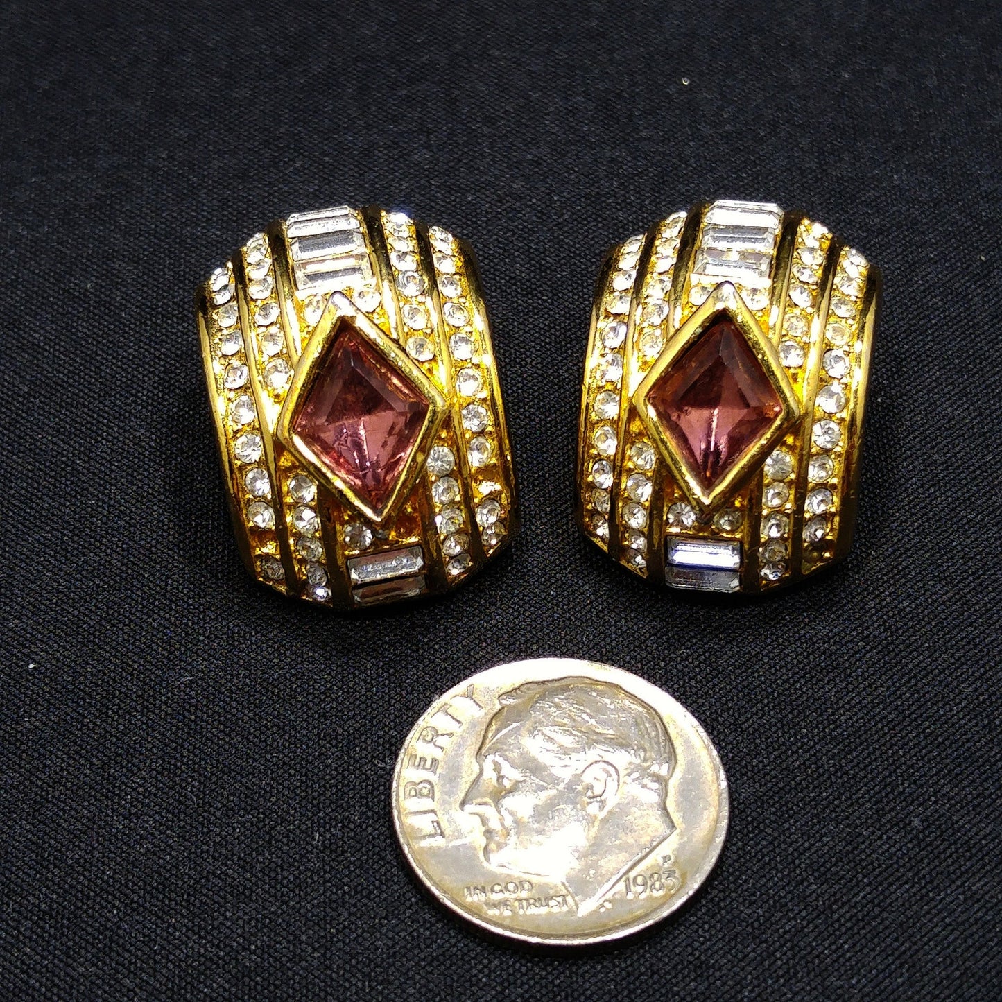 Vintage Christian Dior Earrings – 1980s Gold Plated Half Hoop Pave Rhinestone & Purple Crystal – Signed Chr. Dior Pat. 2733491