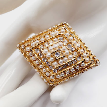 Vintage Rhinestone Faux Pearl Diamond Shaped Brooch Gold Tone Pin - 2 1/4 Inches