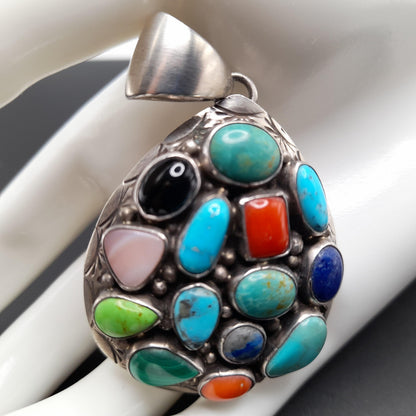 T. Benally Sterling Gemstone Pendant, Vintage Navajo Jewelry