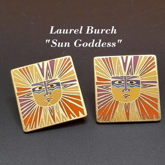 Laurel Burch "Sun Goddess" Clip Earrings, Satin Gold Plated Finish, Cloisonne Enamel, 1980s Vintage Jewelry